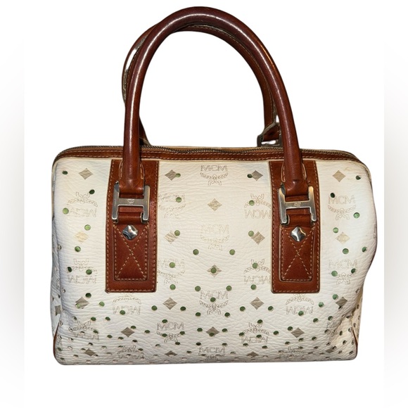 MCM Boston Bag Without Lock And Key in White & Brown EUC - Picture 5 of 15